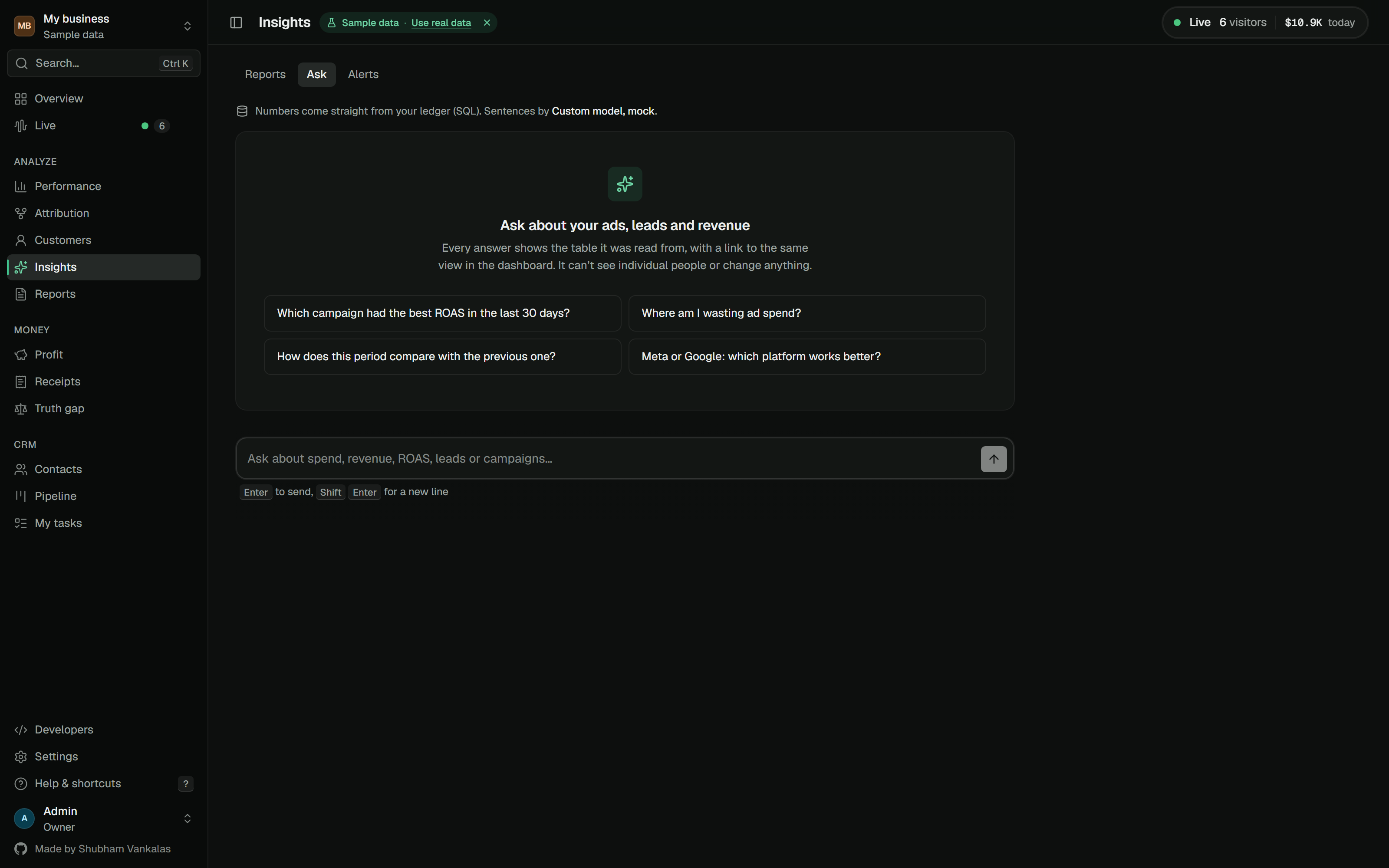 Ask tab with suggested questions about campaigns, spend and platforms