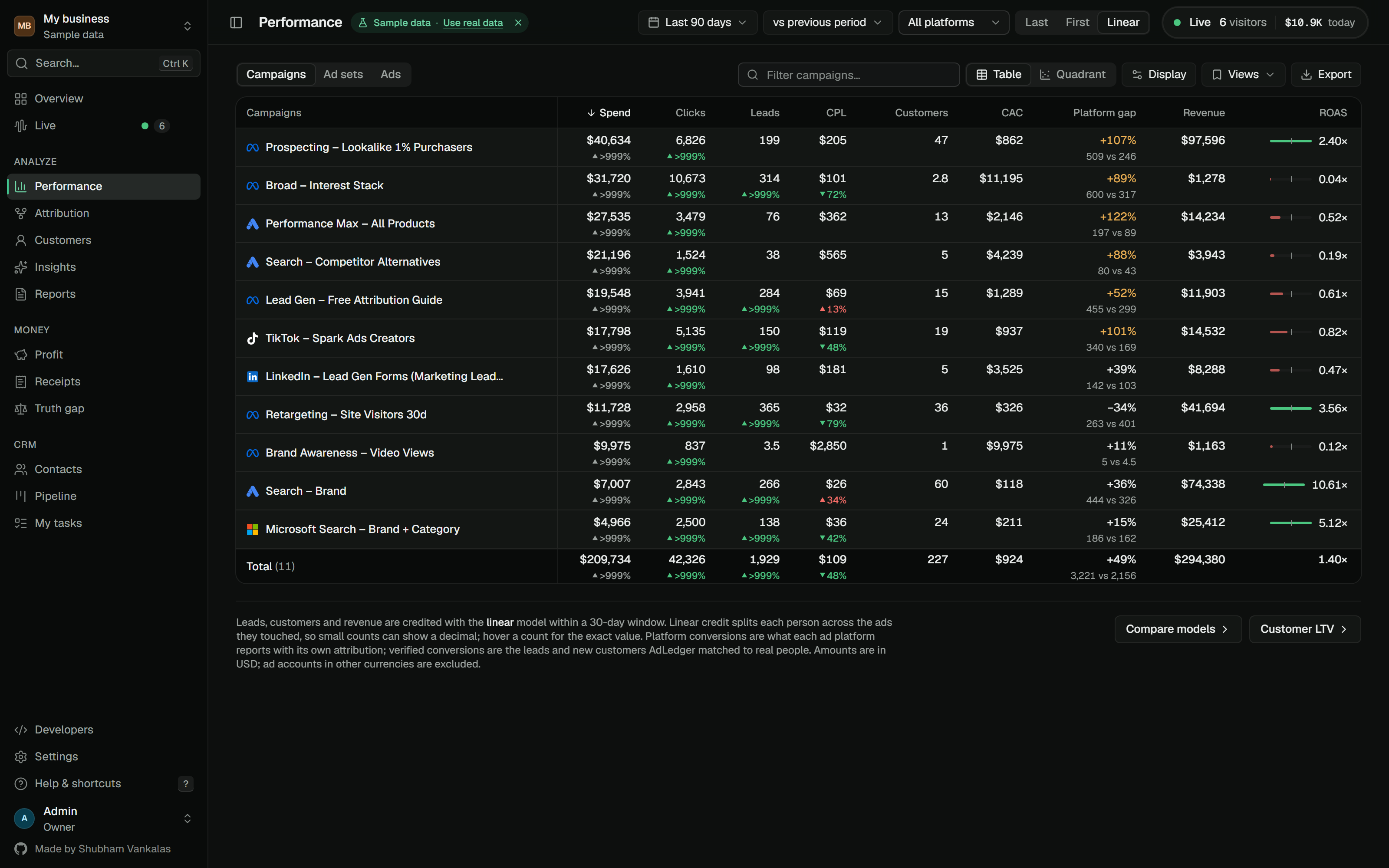 Performance table with spend, leads, customers, revenue and ROAS per campaign